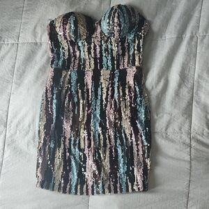Fashion Nova Strapless Sequin Dress - Gold, Blue, Black And Pink